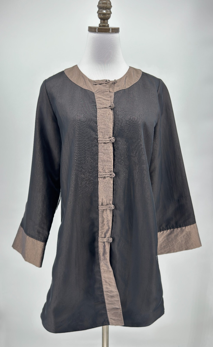 Citron Black Brown Silk Lightweight Asian Style Button Up Tunic Jacket Sz M